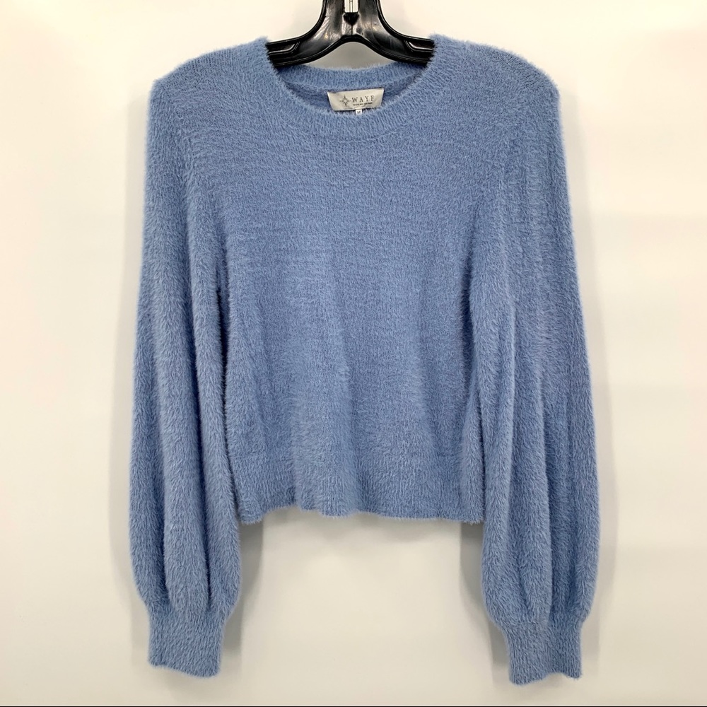 WAYF Fuzzy Blue Puff Long Sleeve Cropped Crew Neck Sweater Size Medium - Picture 2 of 8
